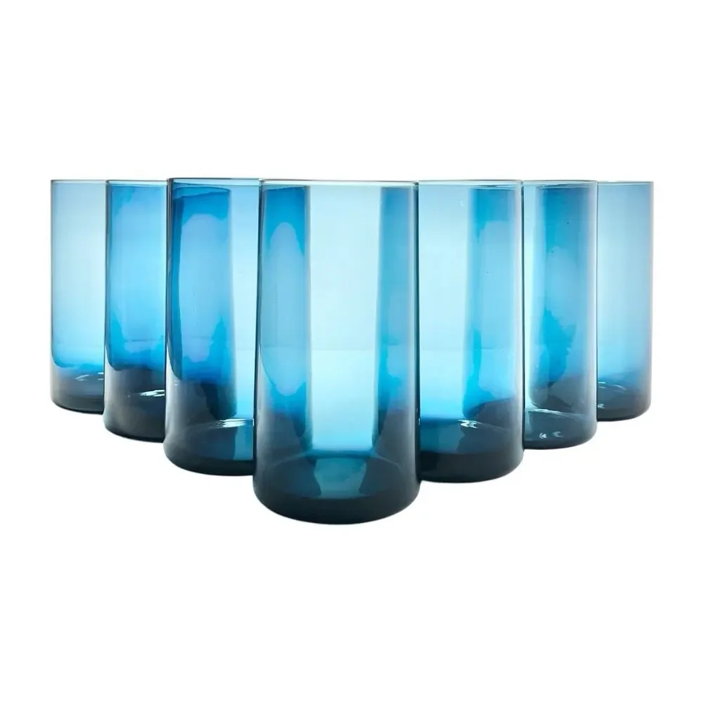 Pier 1 Set of 7 Blue Highball Tumbler Glasses 6 1/4” 24oz